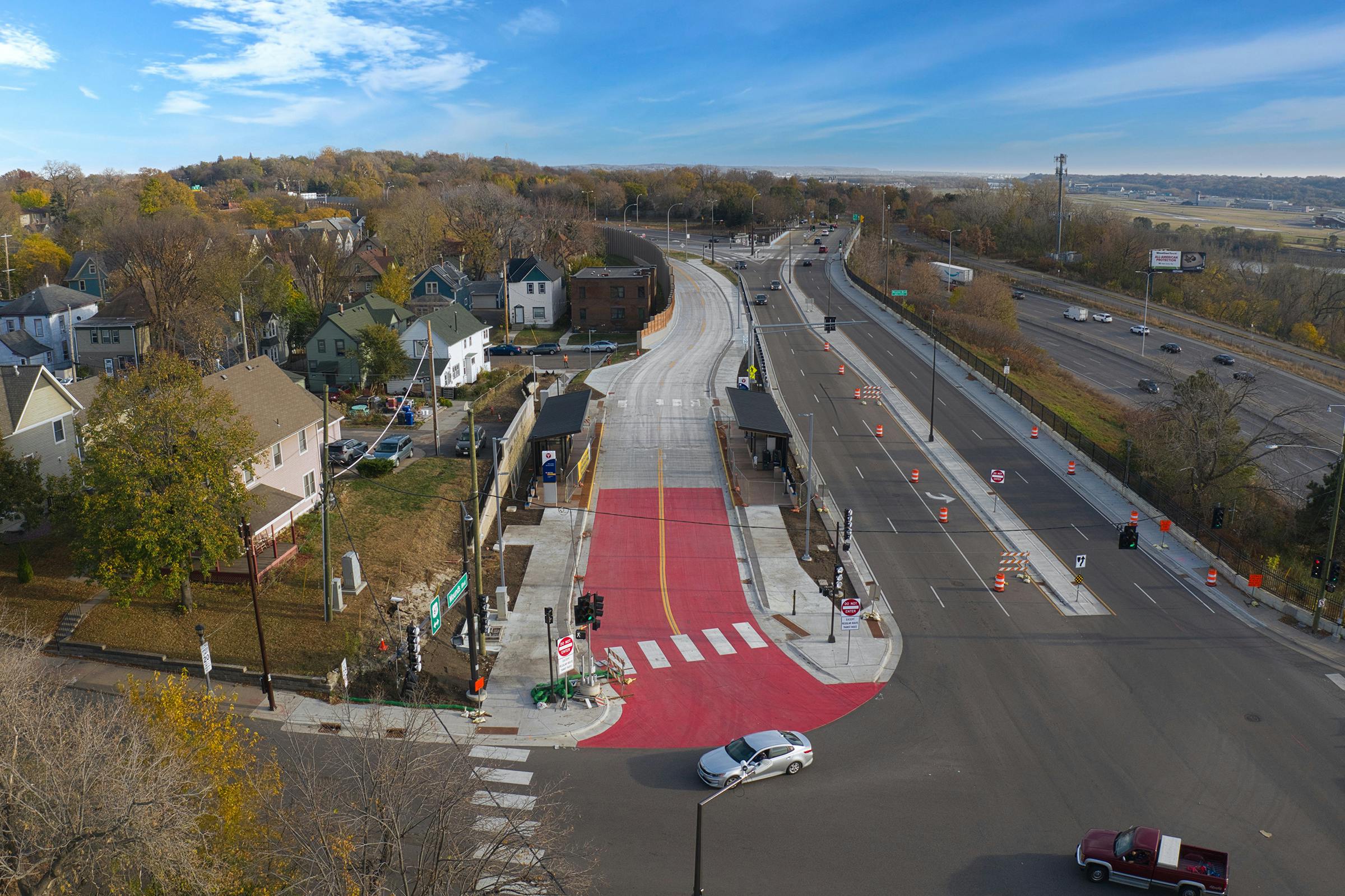 An aerial view of the west end of the METRO Gold Line Bus Rapid Transit Project in St. Paul, MInnesota.