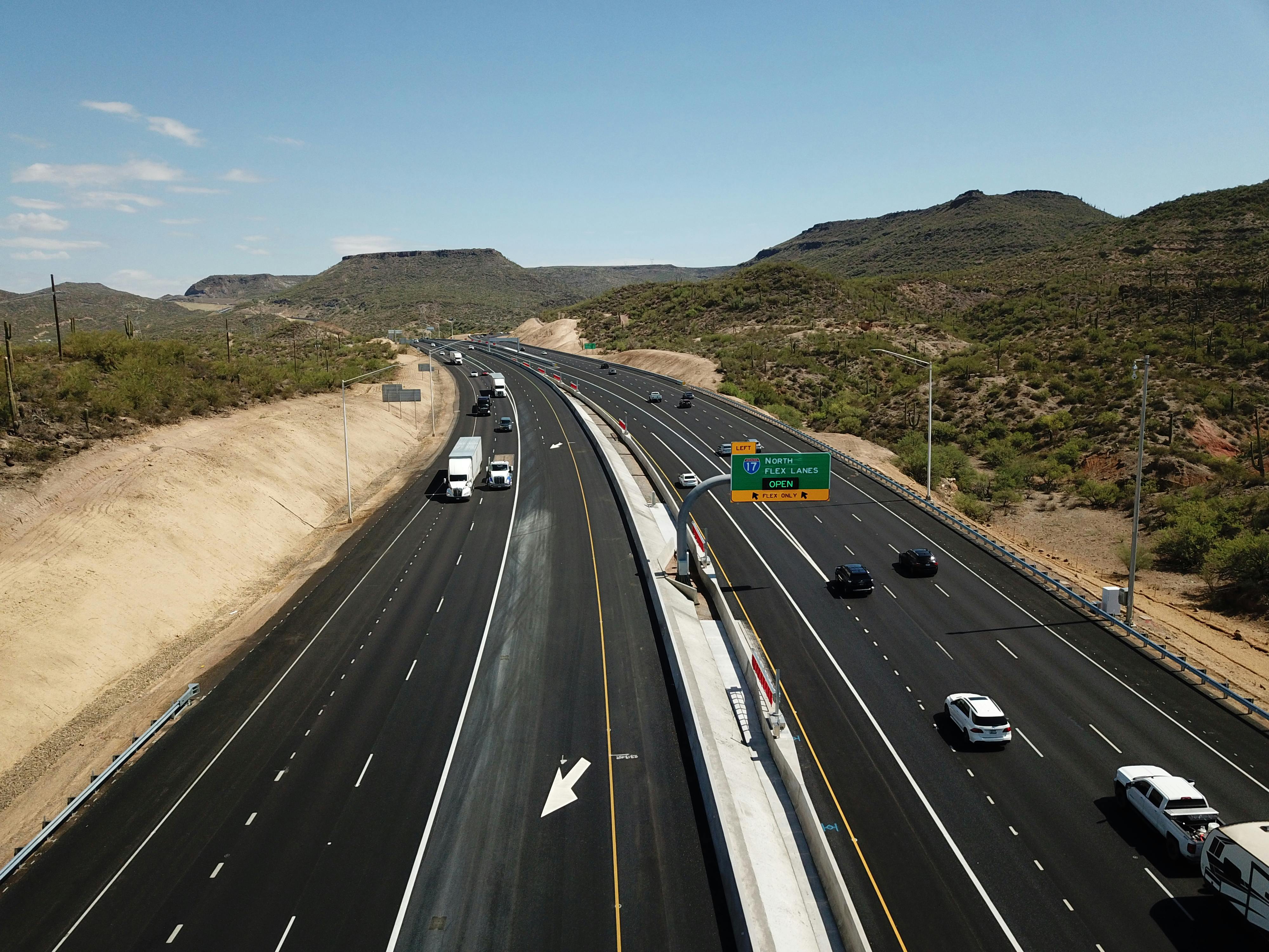 An aerial view of the 'Flex Lanes' installed along Interstate-17 in Maricopa and Yavapai counties in Arizona.