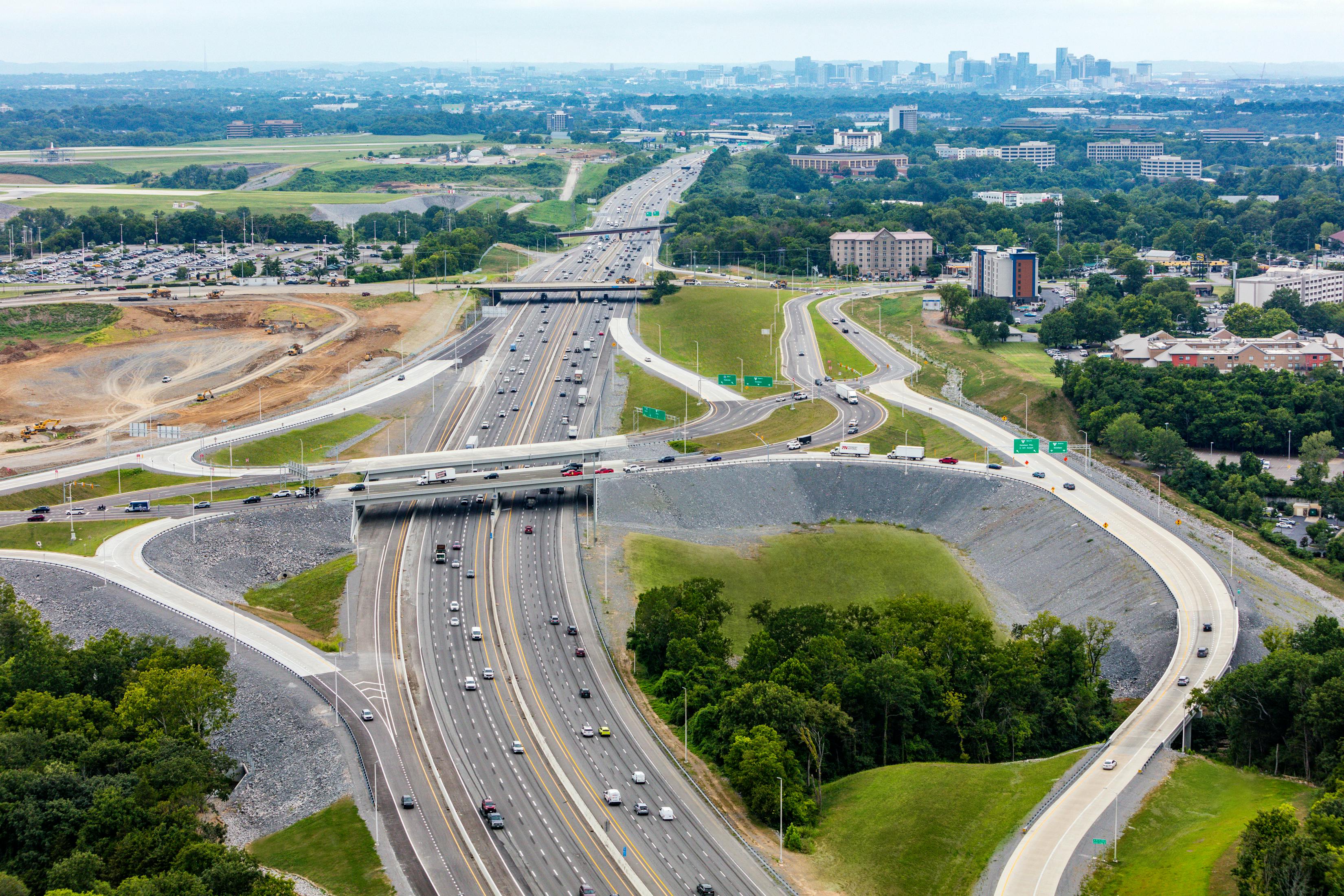 An aerial view of the new Diverging Diamond Interchange at Donelson Pike in Nashville, Tenn.
