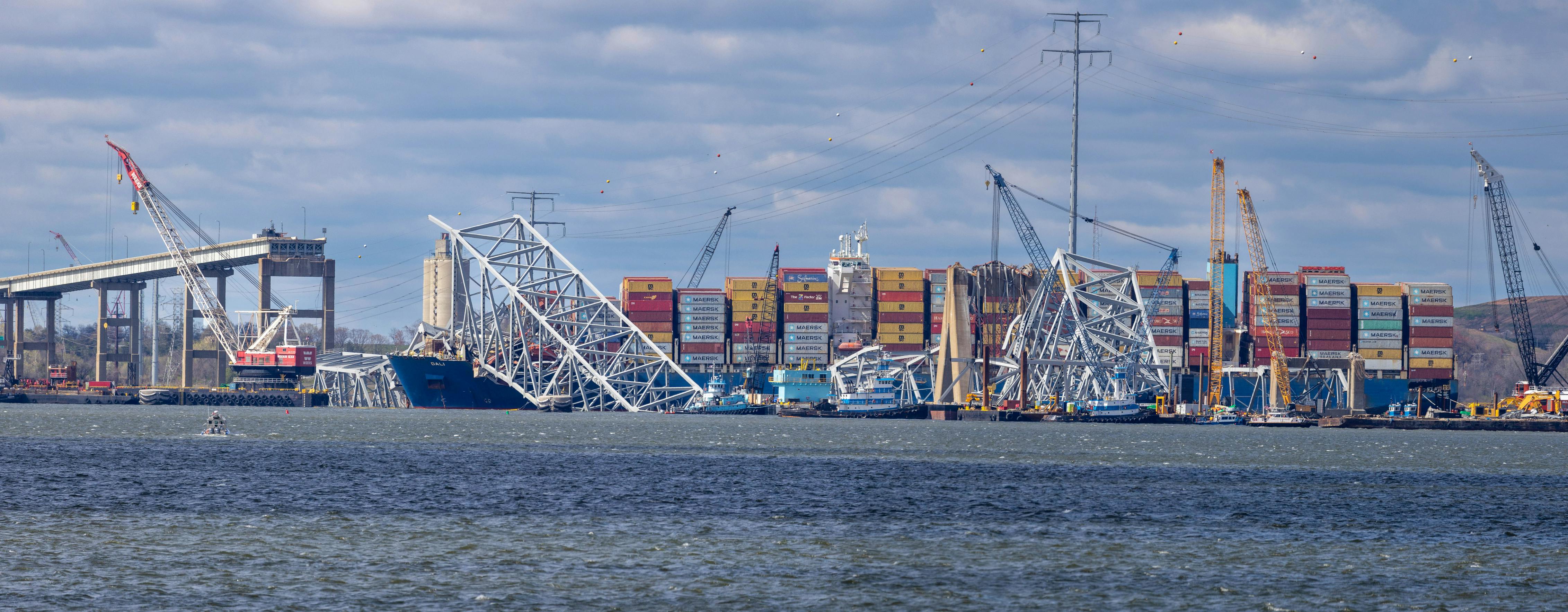 The collapsed Francis Scott Key Bridge in Maryland.
