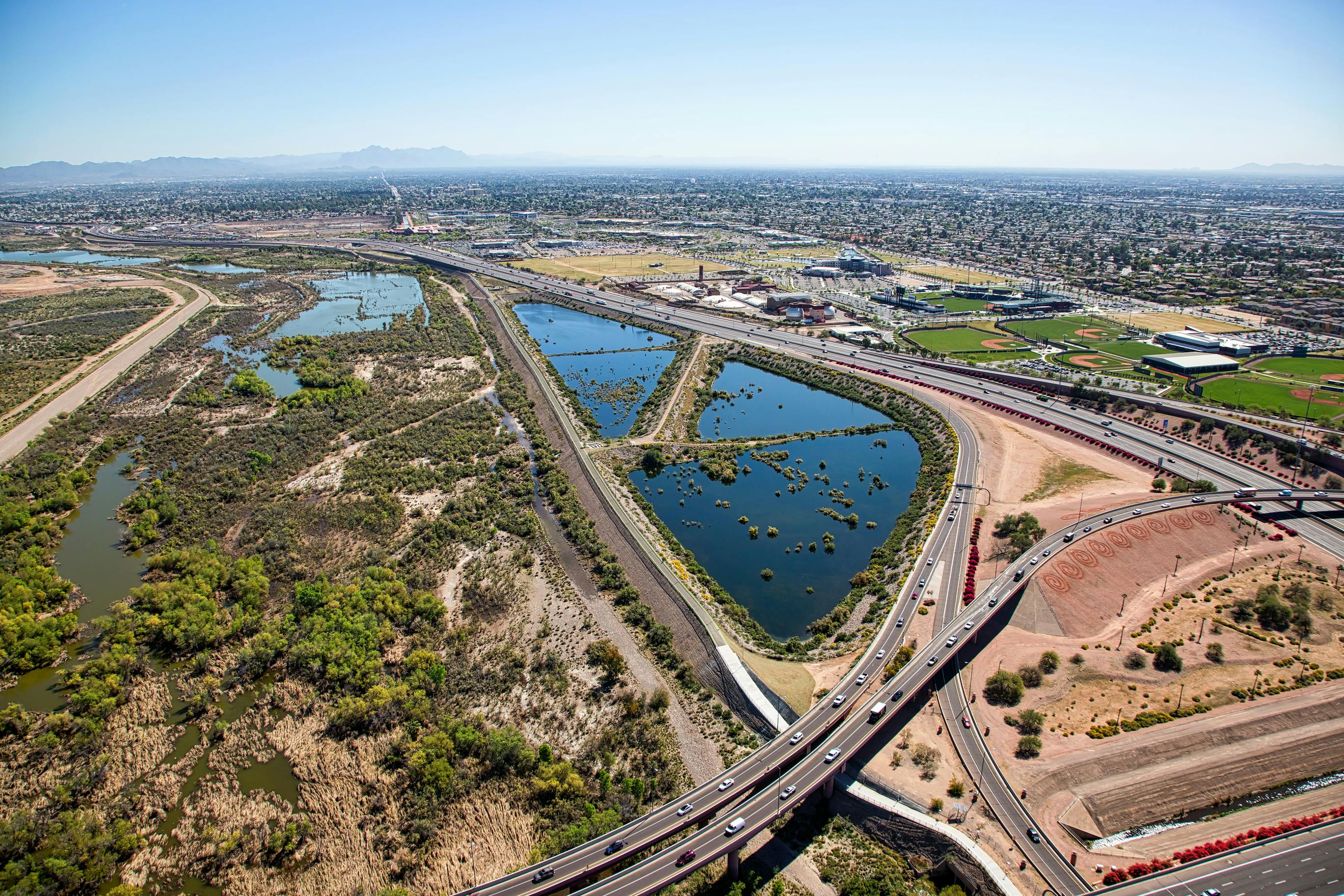 An aerial view of Loop 101 and Loop 202 in Maricopa County, Ariz.