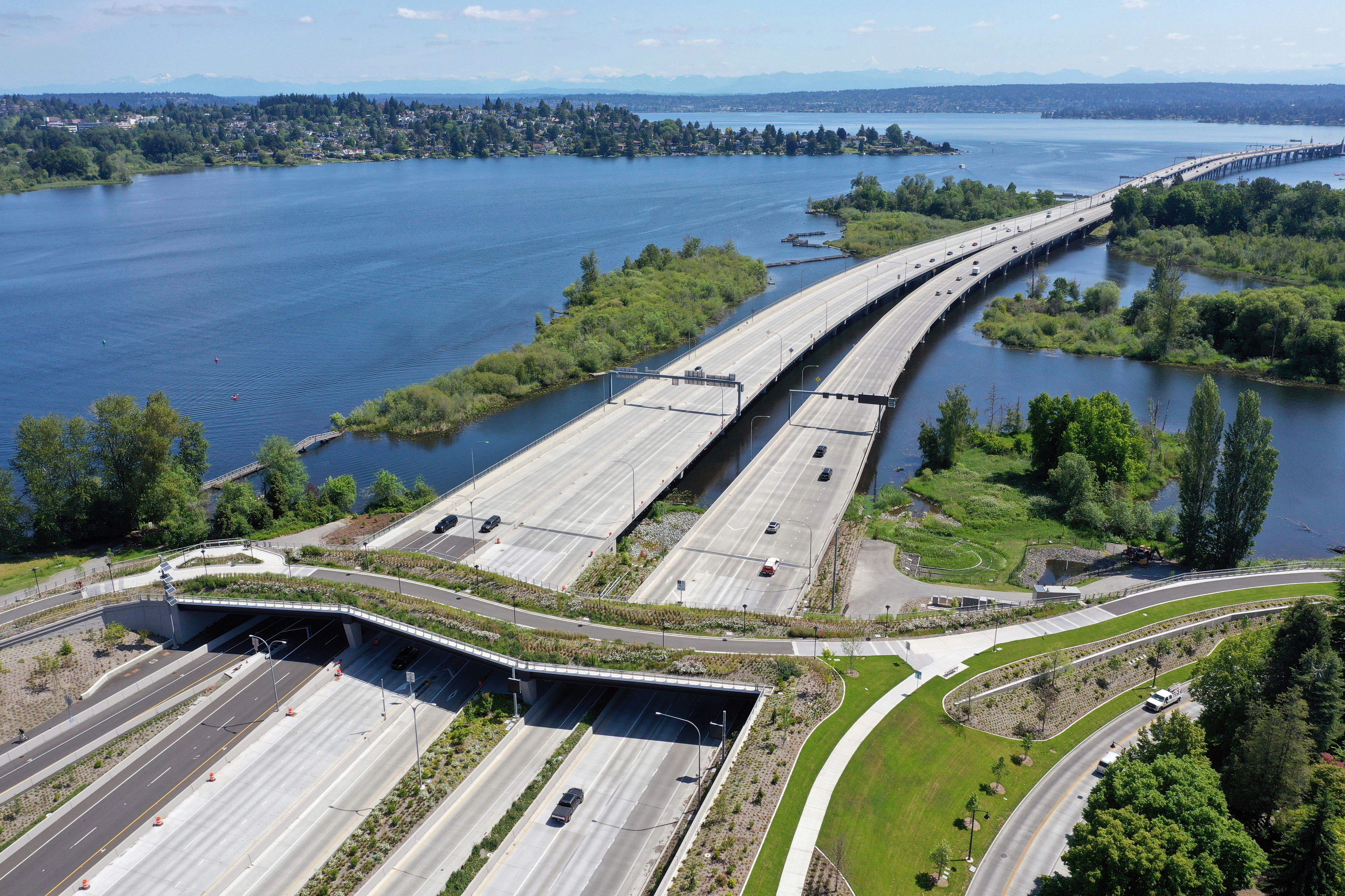 An aerial view of the new SR 520 Montlake Lid and Bridge in Seattle, Washington.