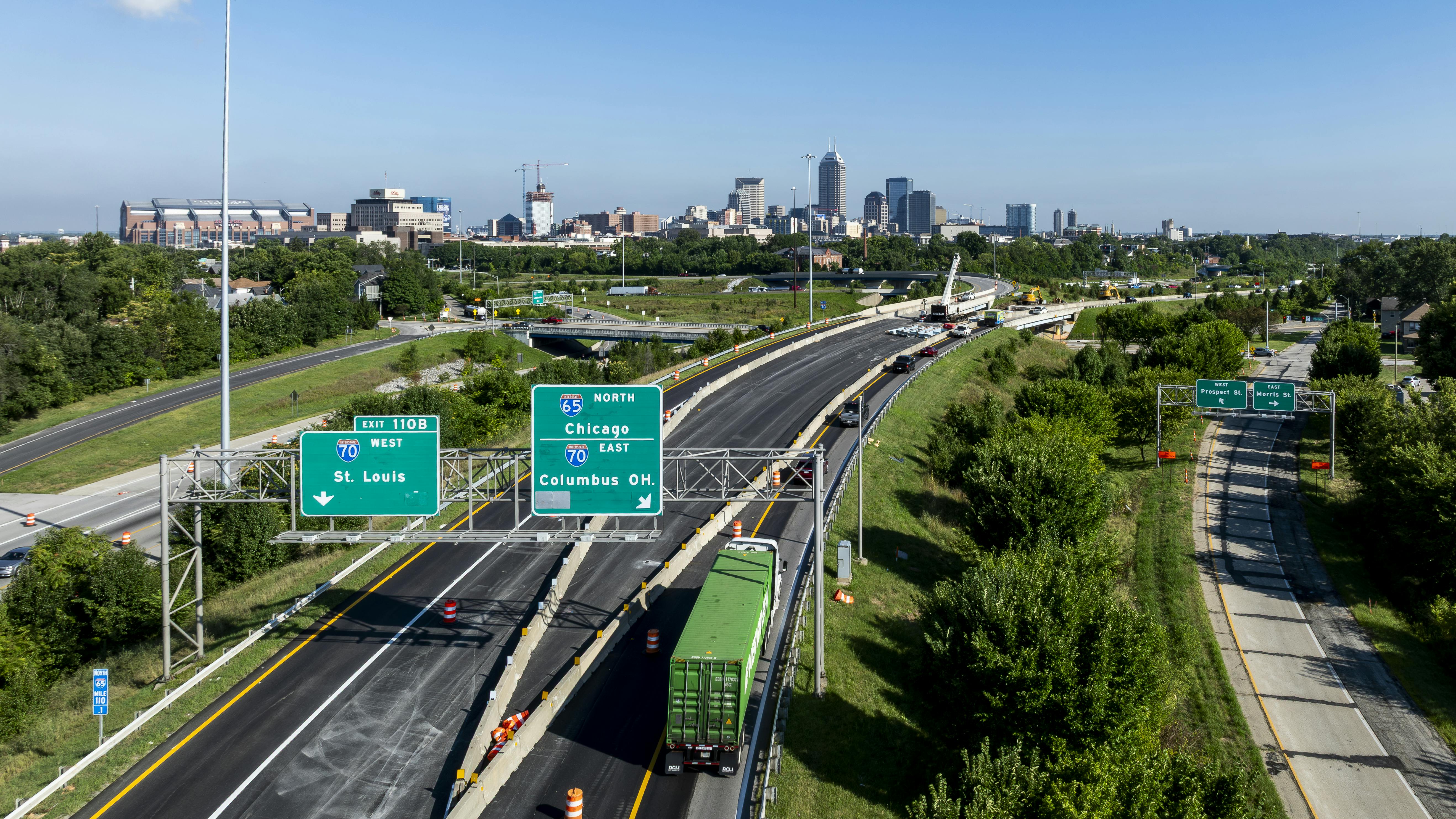 An aerial view of Interstate 70 passing through downtown Indianapolis.