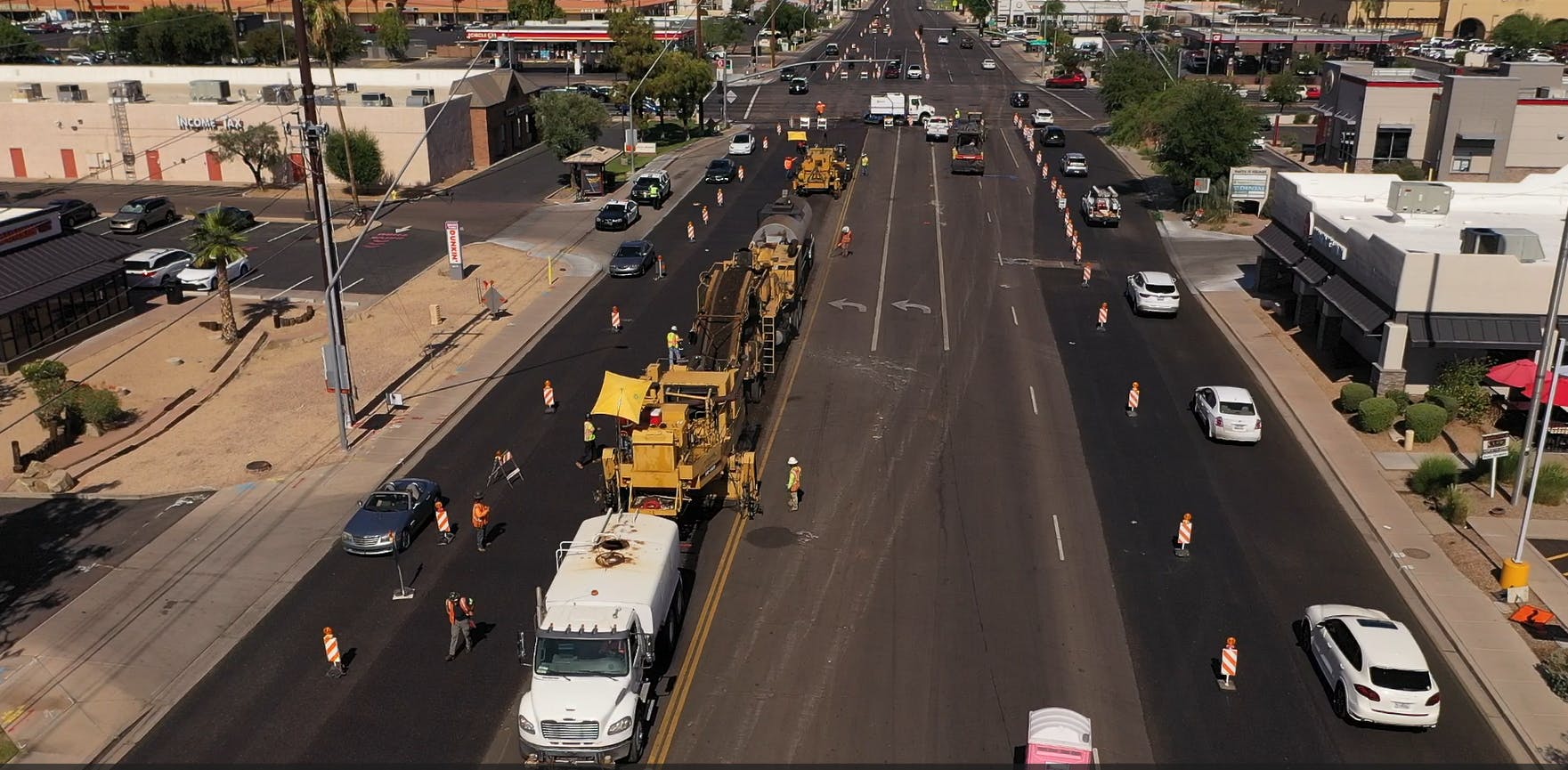 An aerial view of Southern Avenue being repaved using a multi-unit Cold Recycle train.