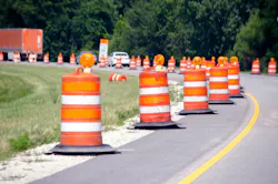 A work zone along a roadway. A work zone along a roadway.