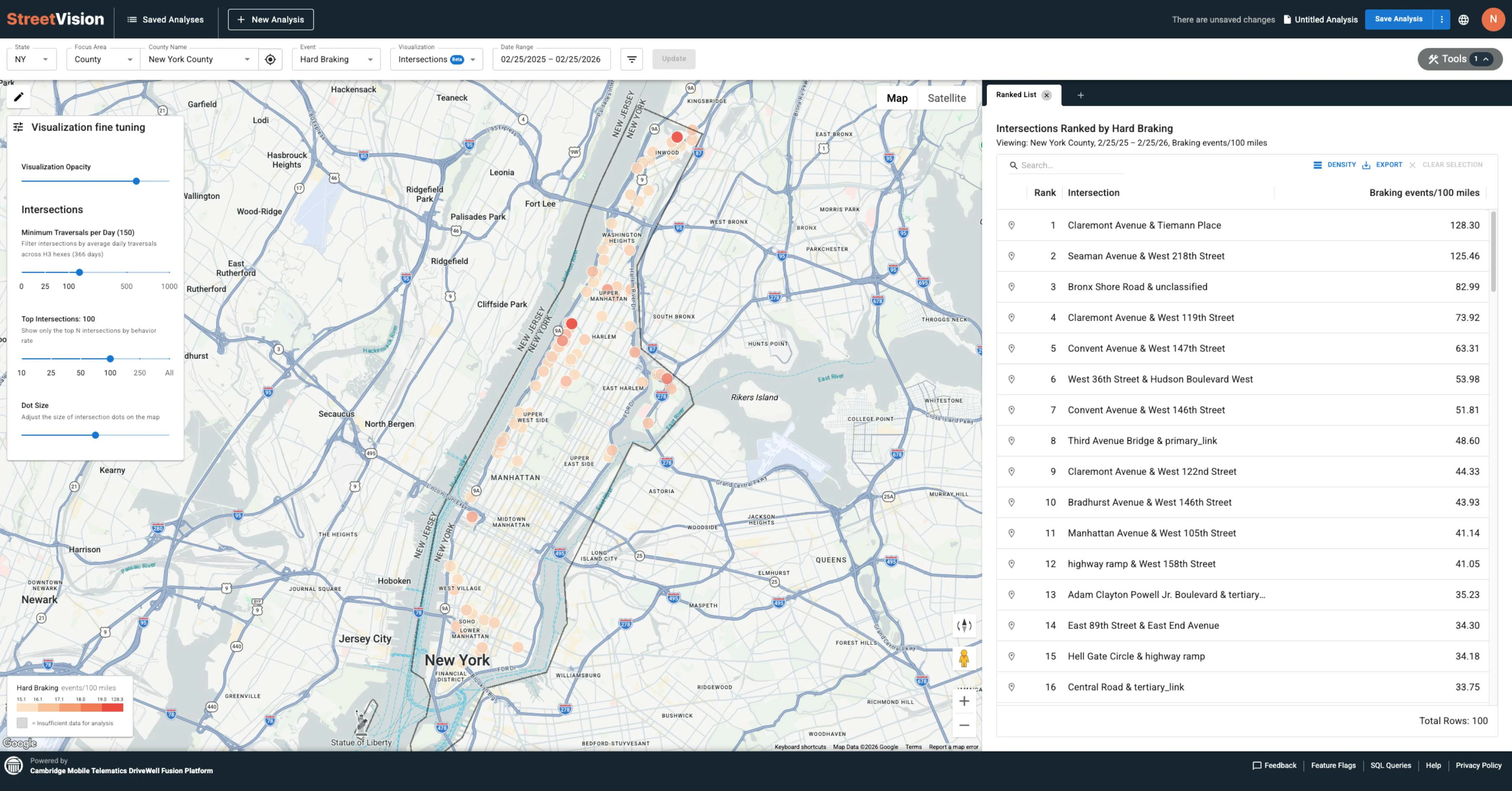 A screenshot of the StreetVision platform displaying data on hard braking in New York City.
