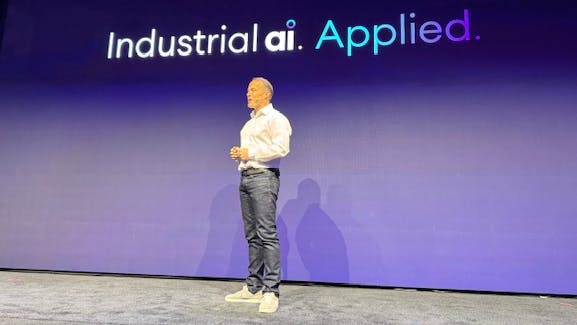 IFS CEO Mark Moffat speaks to customers, partners and manufacturing media at the IFS Industrial X gathering in New York on Nov. 13.