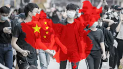 Young people wearing facemasks in the street, superimposed with China Young people wearing facemasks in the street, superimposed with China