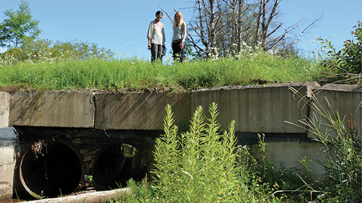 This 2016 photo shows the old culvert, which had two circular pipes with a total diameter of 36 inches. Pictured are Rifat Salim (left) and JoAnne Castagna.
