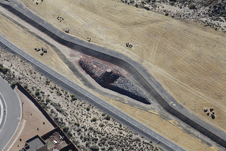 Aerial view of the volcano, the stabilizied channel, and the adjacent bike path.