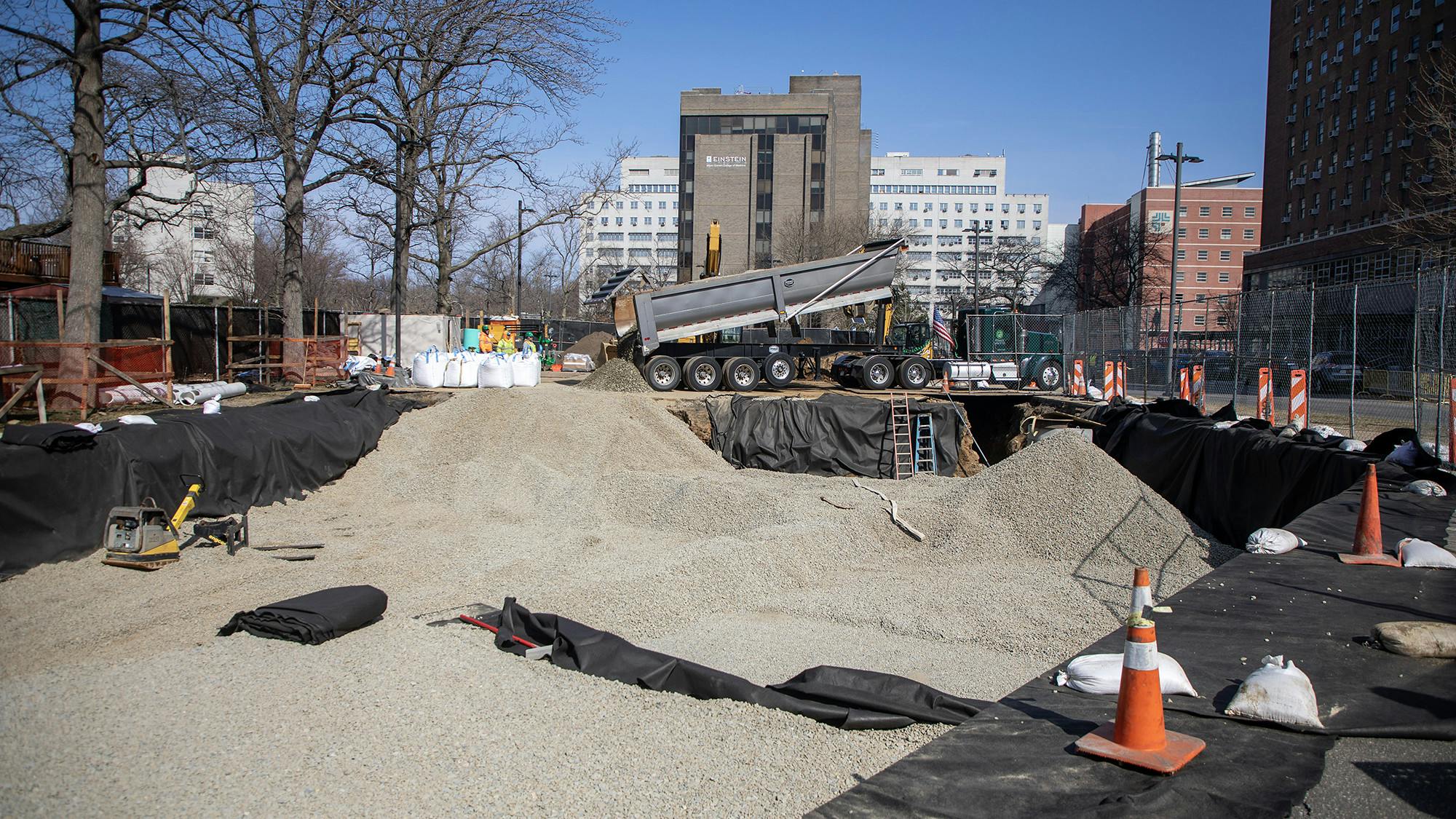 A stormwater storage system being installed under one of the parking lots at Jacobi Hospital.