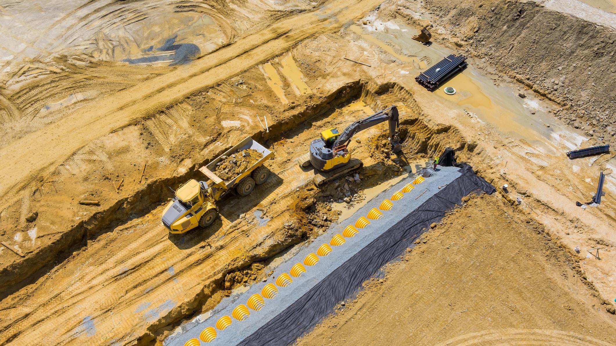 Aerial top view of assembling underground stormwater system