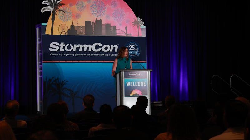 Sarah Matin delivers the keynote speech at StormCon in Orlando.