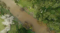 Overhead shot of a flooded river with surrounding vegetation Overhead shot of a flooded river with surrounding vegetation