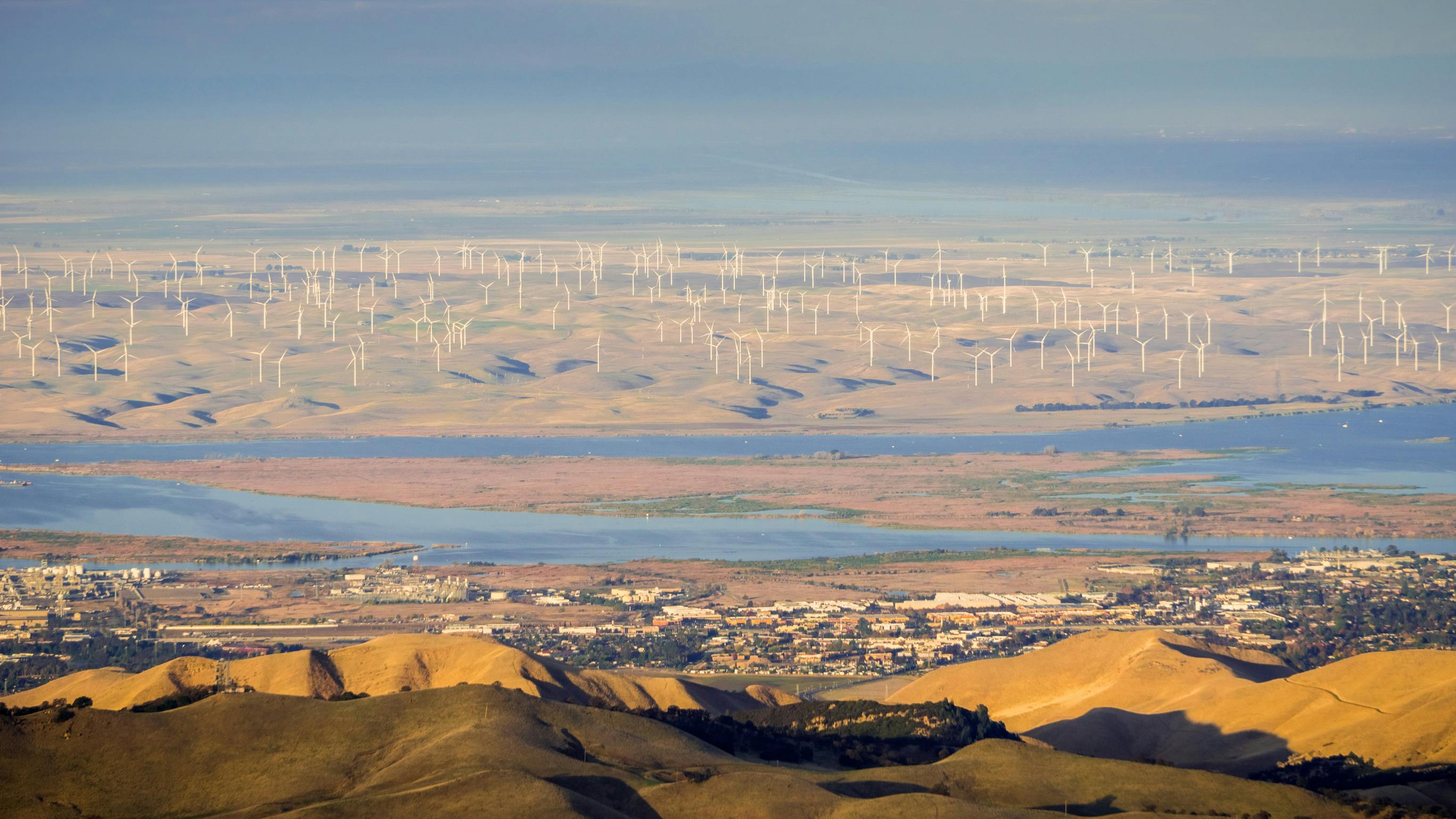 Panoramic view towards San Joaquin river, Pittsburg and Antioch from the summit of Mt Diablo