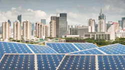 solar panels in front of city solar panels in front of city