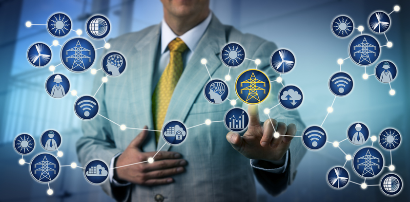 Unrecognizable independent power producer activates electrical microgrid. Industry concept for energy digitization, grid ecosystem, bi-directional flow of power, decentralized energy resources, DER.