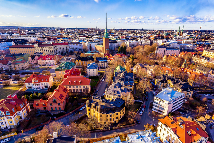An aerial view of Helsinki city captured from a drone showing the colorful skyline