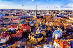 An aerial view of Helsinki city captured from a drone showing the colorful skyline An aerial view of Helsinki city captured from a drone showing the colorful skyline