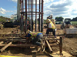 Installation of non-staggered splices on full-depth anchor bolt cage Installation of non-staggered splices on full-depth anchor bolt cage