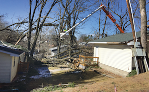 Some outages are hard to predict based only on tree trimming cycle lengths. On March 6, 2017, the earliest confirmed tornados in Minnesota history touched down, causing tree and pole damage on the Connexus Energy system near the town of Zimmerman. This was immediately followed by about 6 inches of snow, subfreezing temperatures and 30-mph winds with even larger gusts, making damage removal difficult at first for this Asplundh lift crew assisting with power restoration.