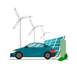Wind turbines, solar panels and an electric vehicle being charged Wind turbines, solar panels and an electric vehicle being charged