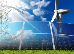 Solar panels, wind turbine, electric transmission tower and overhead lines Solar panels, wind turbine, electric transmission tower and overhead lines