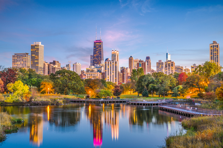Chicago skyline with skyscrapers viewed from Lincoln Park over lake