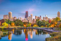 Chicago skyline with skyscrapers viewed from Lincoln Park over lake Chicago skyline with skyscrapers viewed from Lincoln Park over lake