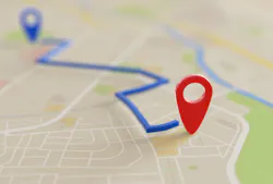 A map with a location marked in red A map with a location marked in red