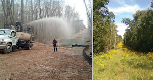 Organic hydroseeding on Columbia Gas of Virginia’s ROW with pollinator mix (left). Flowering grasses and forbs on same site two years after treatment (right).
