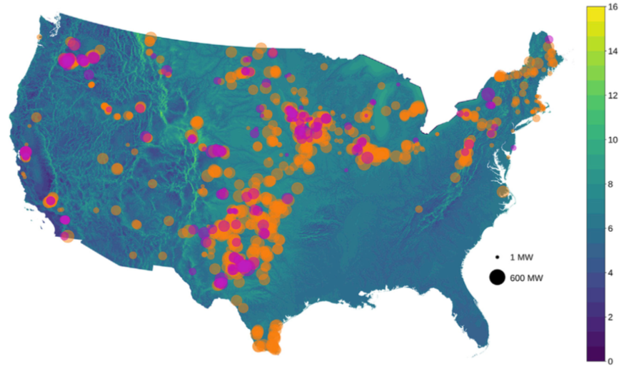 Older (pre-2008 commercial online date) plants are shown in pink and newer plants in orange. The size of each dot is proportional to the nameplate capacity of the plant. The background map shows the annual average wind speed (m/s) at 80 m above surface level.