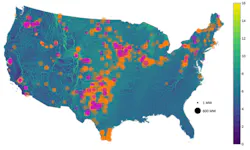 Older (pre-2008 commercial online date) plants are shown in pink and newer plants in orange. The size of each dot is proportional to the nameplate capacity of the plant. The background map shows the annual average wind speed (m/s) at 80 m above surface level. Older (pre-2008 commercial online date) plants are shown in pink and newer plants in orange. The size of each dot is proportional to the nameplate capacity of the plant. The background map shows the annual average wind speed (m/s) at 80 m above surface level.