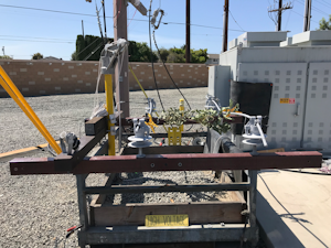 Phase-to-phase contact with vegetation on covered conductor, energized at 12 kV. Current was measured at 0.001 mA.