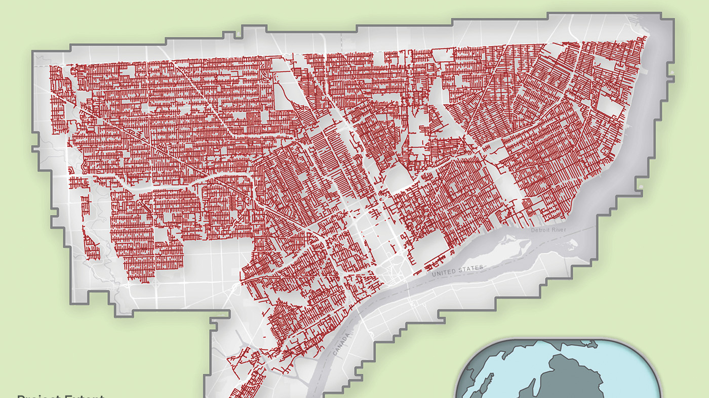 DTE's 2018 project area, above, contains more than 2,300 miles of distribution and sub-transmission lines that Quantum Spatial acquired high-density LiDAR data for vegetation management analytics.