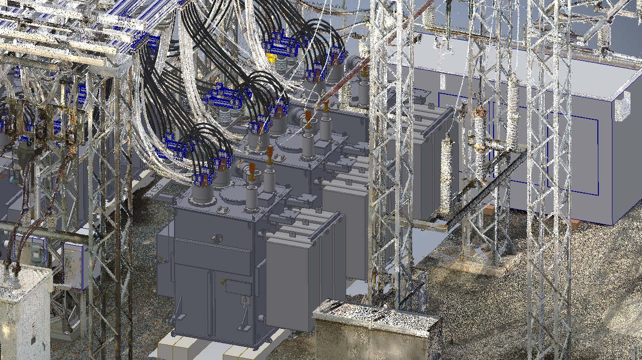 Integration of 3-D scan and proposed 3-D CAD model of transformers, low side bus and conductors to check form, fit and clearance issues.