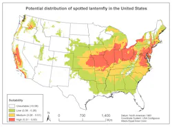 Spotted lanternfly has the potential to invade nearly half of the contiguous United States. California’s wine country, not yet colonized by the insect, is particularly vulnerable. Spotted lanternfly has the potential to invade nearly half of the contiguous United States. California’s wine country, not yet colonized by the insect, is particularly vulnerable.