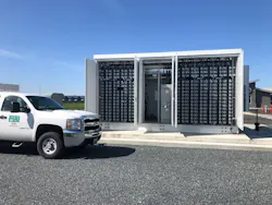 Exterior view of an ESS cabinet with doors open – Snohomish Public Utility District microgrid in Arlington, Washington. Exterior view of an ESS cabinet with doors open – Snohomish Public Utility District microgrid in Arlington, Washington.