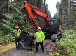 Some crews employ a unit called the Slashbuster, which is a tracked excavator with a specialty head about four feet in diameter that can fell trees as well as grind entire trees down. Some crews employ a unit called the Slashbuster, which is a tracked excavator with a specialty head about four feet in diameter that can fell trees as well as grind entire trees down.