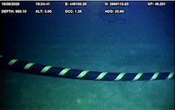 Cable image taken by remotely operated vehicle at 968-m (3176-ft) depth on Crete-Peloponnese Interconnector. Cable image taken by remotely operated vehicle at 968-m (3176-ft) depth on Crete-Peloponnese Interconnector.