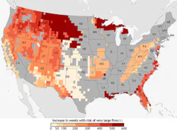 NOAA research demonstrates the projected increase in the number of “very large fire weeks” by mid-21st-century compared to the end of the 20th century. NOAA research demonstrates the projected increase in the number of “very large fire weeks” by mid-21st-century compared to the end of the 20th century.