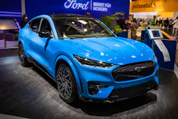 A Ford Mustang Mach-E GT all-electric vehicle shown at a 2021 motor show in Munich. A Ford Mustang Mach-E GT all-electric vehicle shown at a 2021 motor show in Munich.