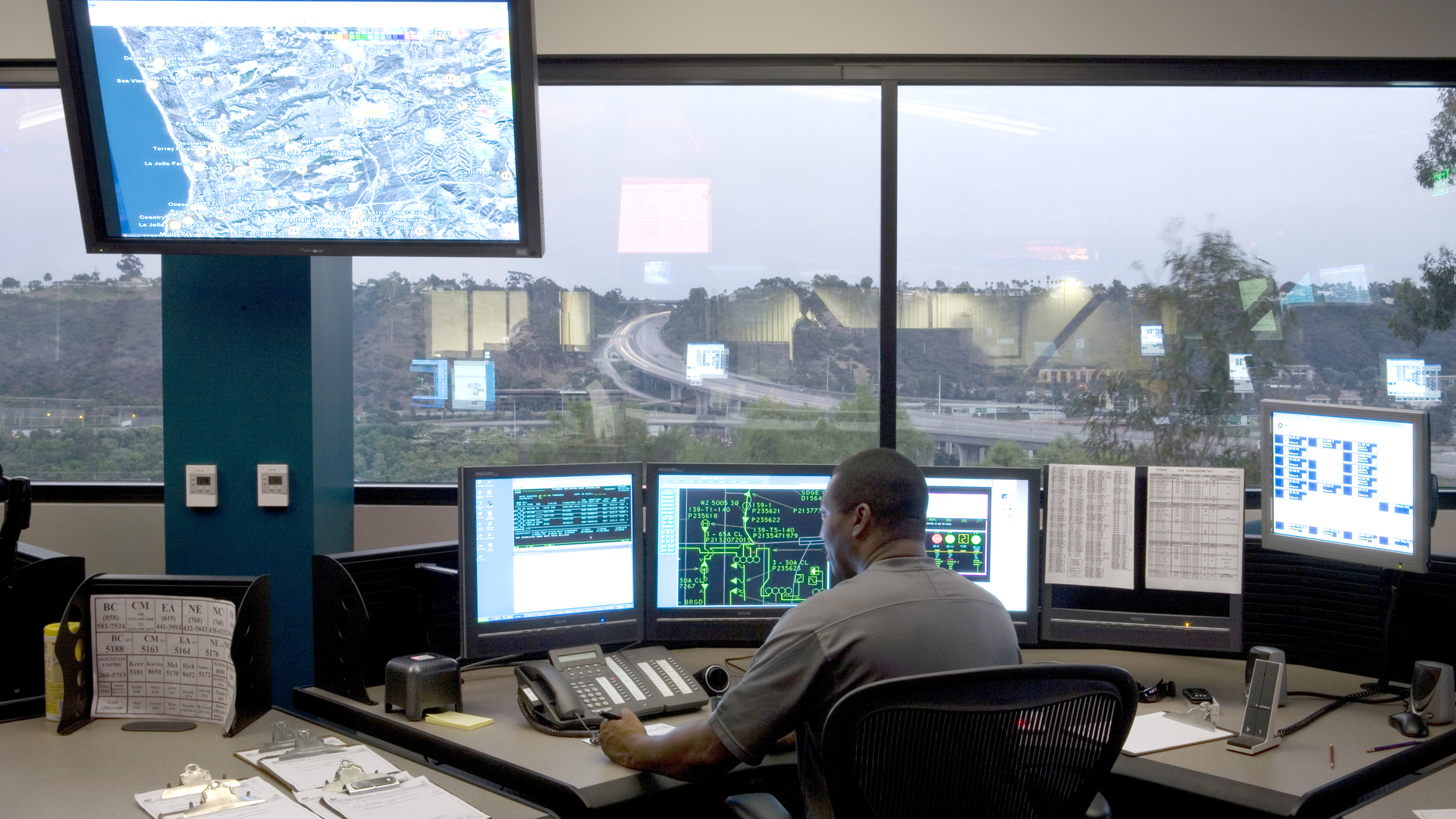 An SDG&E control room. SDG&E has facilitated the development and integration of hundreds of advanced weather stations, granular sectionalizing devices with remotely toggled sensitive relay profiles, falling conductor protection and incipient fault detection, as well as the use of predictive analytics for situational awareness and wildfire mitigation.