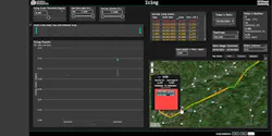 The dashboard designates a specific color for each span, marking those with a high risk of icing in red and orange based on the threshold set by the user. An ice icon indicates a significant potential for icing. By clicking on the map, users can view details and the location of each span. On the left panel, there is a timeline display showing the progression of ice accumulation. The dashboard designates a specific color for each span, marking those with a high risk of icing in red and orange based on the threshold set by the user. An ice icon indicates a significant potential for icing. By clicking on the map, users can view details and the location of each span. On the left panel, there is a timeline display showing the progression of ice accumulation.