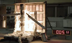 Crossarm fire testing illustrated the performance of materials. Composite fiberglass crossarms (above), with 300 lbs. suspended on each side, failed in under six minutes. Wood crossarms carrying the same load ignited and charred but remained intact with loads continuously suspended throughout and after the test. Crossarm fire testing illustrated the performance of materials. Composite fiberglass crossarms (above), with 300 lbs. suspended on each side, failed in under six minutes. Wood crossarms carrying the same load ignited and charred but remained intact with loads continuously suspended throughout and after the test.