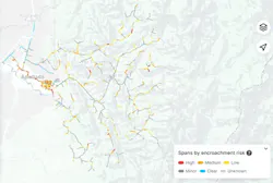 A heat map shows areas with high encroachment risk with power lines. A heat map shows areas with high encroachment risk with power lines.