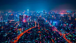 Futuristic smart city with digital connectivity and network overlay at night Futuristic smart city with digital connectivity and network overlay at night