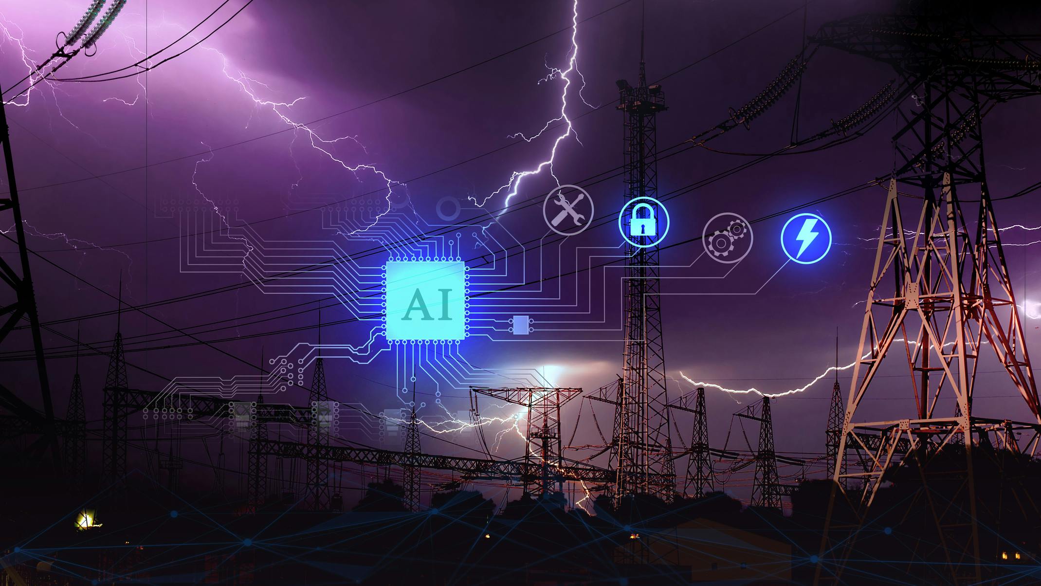 Ai and transmission tower and lightning