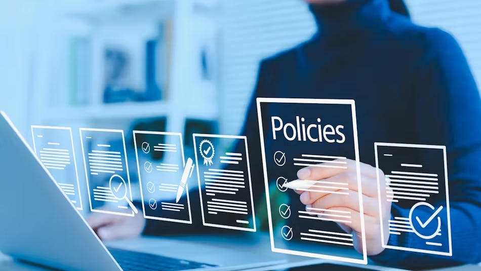 Conceptual image of woman at a laptop looking at virtual documents.