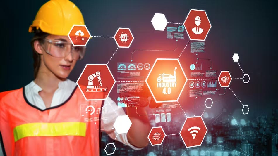 AI-generated image of a female worker with a hardhat working a touchscreen.